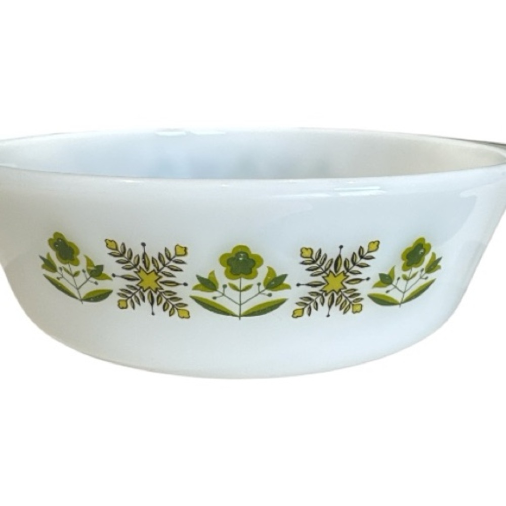 Vintage 70's Anchor Hocking Fire King Meadow Green Pattern 1 Quart Round Dish - Picture 6 of 8